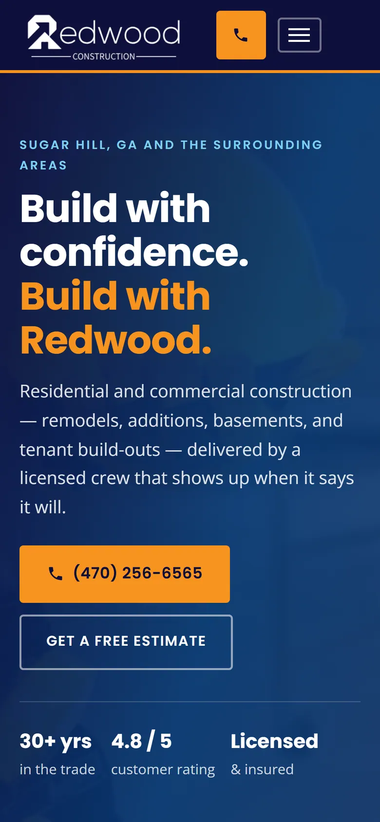Redwood Construction website on a phone